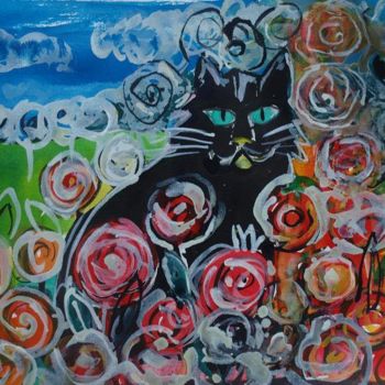 Malarstwo zatytułowany „CAT IN GARDEN” autorstwa Anna  Bardzka, Oryginalna praca, Olej