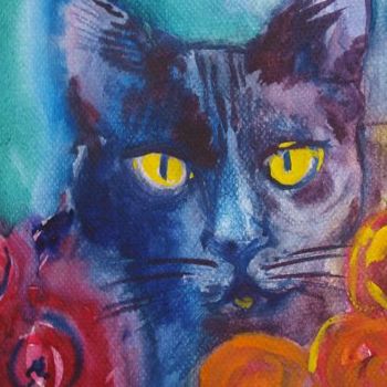 Malarstwo zatytułowany „CAT WITH GOLDEN  EY…” autorstwa Anna  Bardzka, Oryginalna praca, Olej