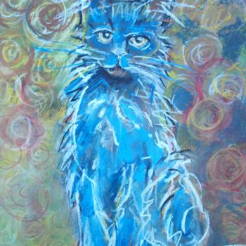 Картина под названием "BLUE  CAT" - Anna  Bardzka, Подлинное произведение искусства, Пастель