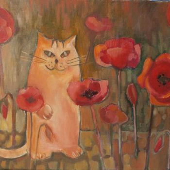 Malarstwo zatytułowany „CAT AND  FLOWERS” autorstwa Anna  Bardzka, Oryginalna praca, Olej