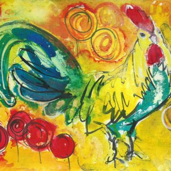 Painting titled "ROOSTER" by Anna  Bardzka, Original Artwork, Ink