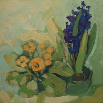 Картина под названием "Hyacinth and Primula" - Anna  Bardzka, Подлинное произведение искусства