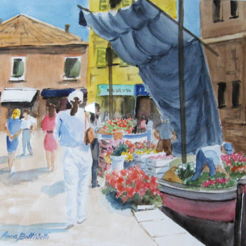 Peinture intitulée "Mercato dei fiori a…" par Anna Battistotti, Œuvre d'art originale, Aquarelle