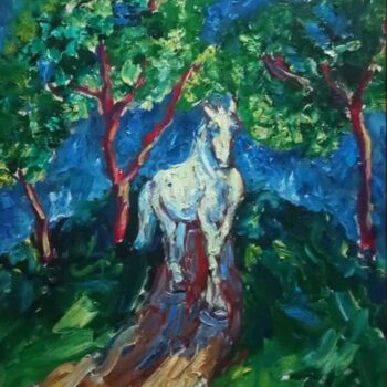 Картина под названием "Белая лошадь" - Анна Базян, Подлинное произведение искусства, Масло