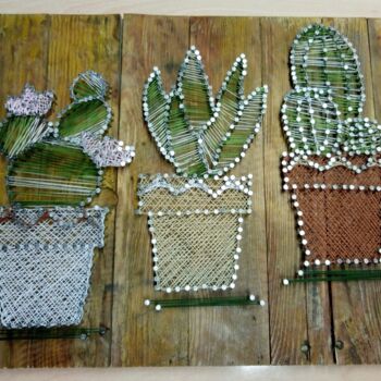 Textile Art titled "tre vasi cactus" by Anna Belmonte, Original Artwork, String Art