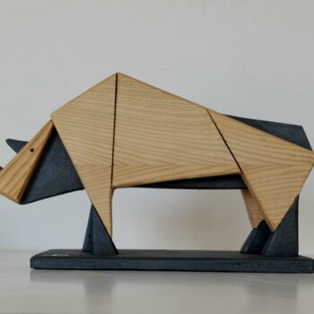 Sculpture titled "Geometric Rhino" by Anna Beltrame A＋D Art, Original Artwork, Wood