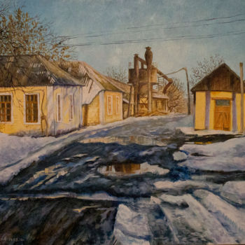 Peinture intitulée "Шахтный двор в марте" par Anna Berezina, Œuvre d'art originale, Huile