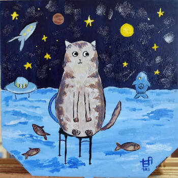 Картина под названием "Cat on a chair" - Anna Berlinskaia, Подлинное произведение искусства, Акрил