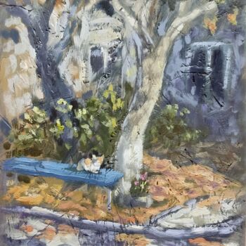 Painting titled "Cat on a blue bench" by Anna Berlinskaia, Original Artwork, Oil