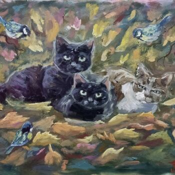 Painting titled "3 little cat" by Anna Berlinskaia, Original Artwork, Oil