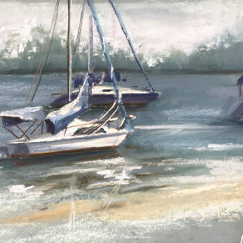 Tekening getiteld "Boats in the sea" door Anna Bogushevskaya, Origineel Kunstwerk, Pastel