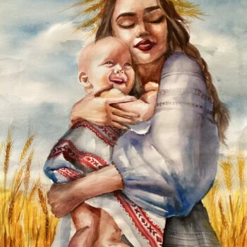 Schilderij getiteld "Mommy's hugs" door Anna Borsevskaa, Origineel Kunstwerk, Aquarel