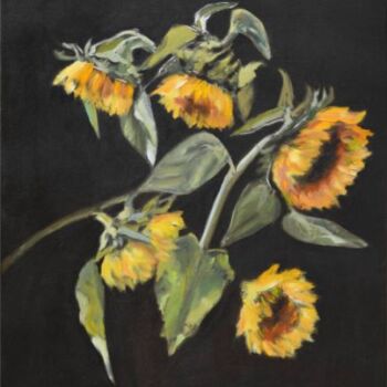 Painting titled "Sunflowers on the d…" by Anna Brazhnikova, Original Artwork, Oil Mounted on Wood Stretcher frame