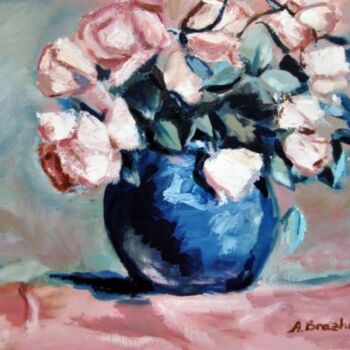 Painting titled "Light pink roses in…" by Anna Brazhnikova, Original Artwork, Oil Mounted on Wood Stretcher frame