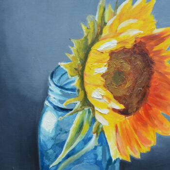 Картина под названием "Yellow sunflower in…" - Anna Brazhnikova, Подлинное произведение искусства, Масло
