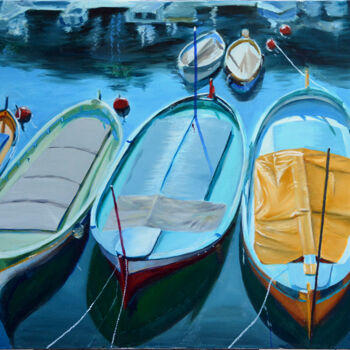 Painting titled "Boats in Nice" by Anna Brazhnikova, Original Artwork, Oil Mounted on Wood Stretcher frame