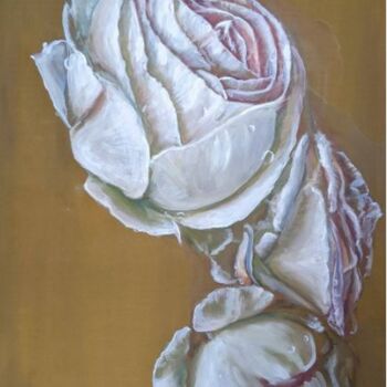 Painting titled "Three white roses" by Anna Brazhnikova, Original Artwork, Oil Mounted on Wood Stretcher frame