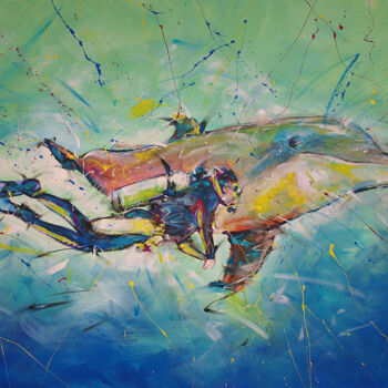 Schilderij getiteld "Plongeur et dauphin" door Anna Corta, Origineel Kunstwerk, Acryl Gemonteerd op Frame voor houten branca…