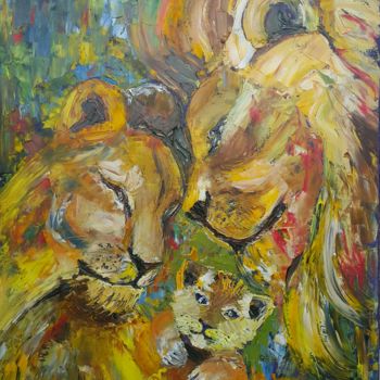 Картина под названием "Семья львов" - Анна Доценко, Подлинное произведение искусства, Масло