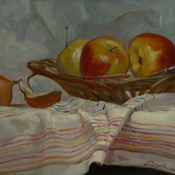 Painting titled "Яблоки и лук" by Anna Dronova, Original Artwork, Oil