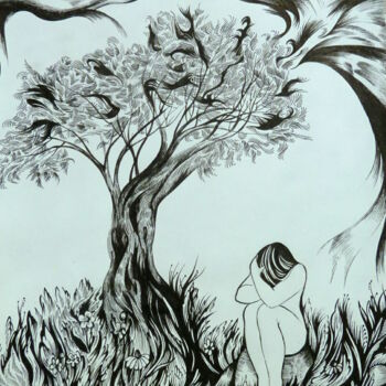 Drawing titled "Sadness" by Anna Duyunova, Original Artwork, Ink