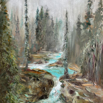 Painting titled "FOREST RIVER" by Anna Gurechkina, Original Artwork, Oil Mounted on Wood Stretcher frame