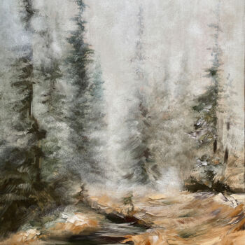 Painting titled "IN FOREST" by Anna Gurechkina, Original Artwork, Oil Mounted on Wood Stretcher frame