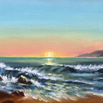 Painting titled "Sunset at Sea" by Anna Inozemtseva, Original Artwork, Oil Mounted on Wood Stretcher frame