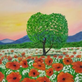 Ζωγραφική με τίτλο "Poppy field at dawn" από Anna Ionova, Αυθεντικά έργα τέχνης, Λάδι Τοποθετήθηκε στο Ξύλινο φορείο σκελετό