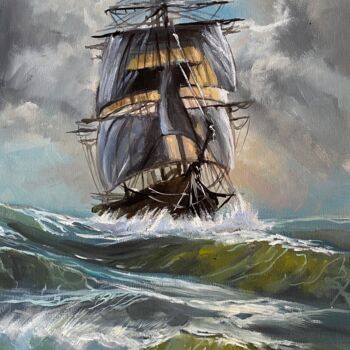 제목이 "Statek | Ship"인 미술작품 Anna Irena Grabowska로, 원작, 기름 나무 들것 프레임에 장착됨