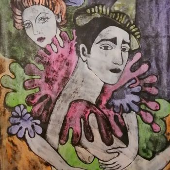 Schilderij getiteld "Пьеро и Коломбина" door Anna Kluyeva, Origineel Kunstwerk, Aquarel