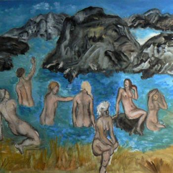 Schilderij getiteld "Rocks and bathers" door Anna Langowski, Origineel Kunstwerk, Olie