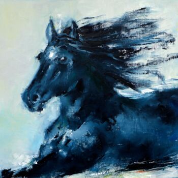 Painting titled "Black horse portrai…" by Lubchik, Original Artwork, Oil Mounted on Wood Stretcher frame