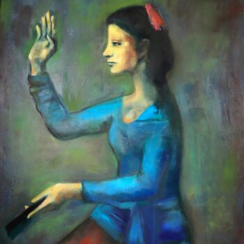 Painting titled "Lady with a fan. In…" by Lubchik, Original Artwork, Oil Mounted on Wood Stretcher frame