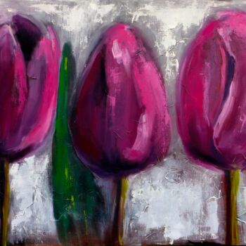 Pintura intitulada "Pink Tulips Paintin…" por Lubchik, Obras de arte originais, Óleo Montado em Armação em madeira