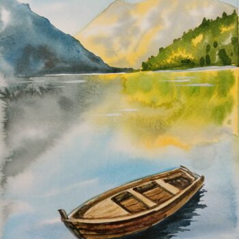 Painting titled "The boat on a mount…" by Anna-Maria Pastinaru, Original Artwork, Watercolor