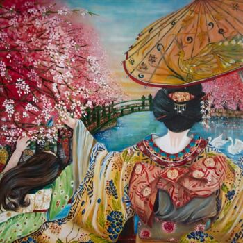 Pintura intitulada "HANAMI... Joy in Pa…" por Anna Nuzzo, Obras de arte originais, Óleo