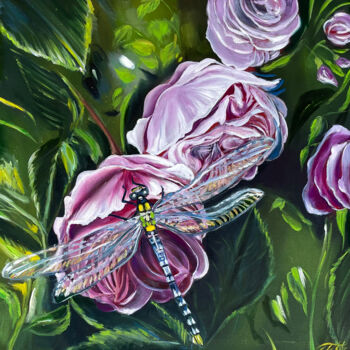 Schilderij getiteld "Dragonfly in roses" door Anna Pavlovich-Naneva, Origineel Kunstwerk, Olie Gemonteerd op Frame voor hout…