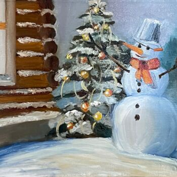 Painting titled "Snowman on a yard" by Anna Pavlovich-Naneva, Original Artwork, Oil Mounted on Wood Stretcher frame