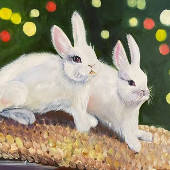 Painting titled "White rabbits" by Anna Pavlovich-Naneva, Original Artwork, Oil Mounted on Wood Stretcher frame