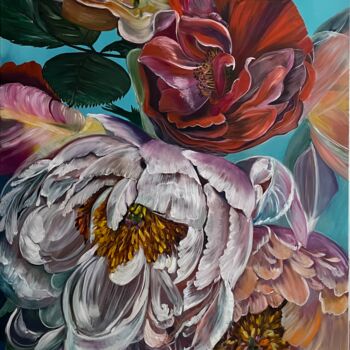 Painting titled "Bright peonies" by Anna Pavlovich-Naneva, Original Artwork, Oil Mounted on Wood Stretcher frame