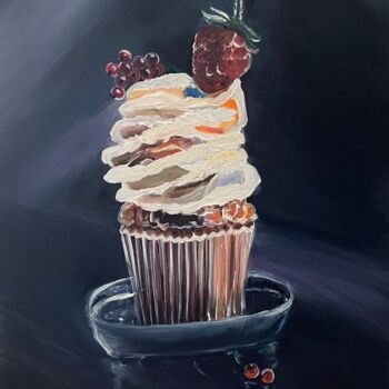 「Cupcake with berries」というタイトルの絵画 Anna Pavlovich-Nanevaによって, オリジナルのアートワーク, オイル ウッドストレッチャーフレームにマウント