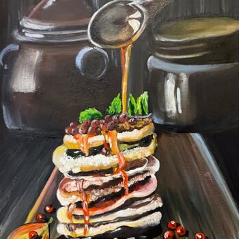 Painting titled "Pancakes" by Anna Pavlovich-Naneva, Original Artwork, Oil Mounted on Wood Stretcher frame