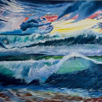Painting titled "Clouds and waves" by Anna Pavlovich-Naneva, Original Artwork, Oil Mounted on Wood Stretcher frame