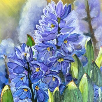 Painting titled "Hyacinths flowers" by Anna Pavlovich-Naneva, Original Artwork, Oil Mounted on Wood Stretcher frame