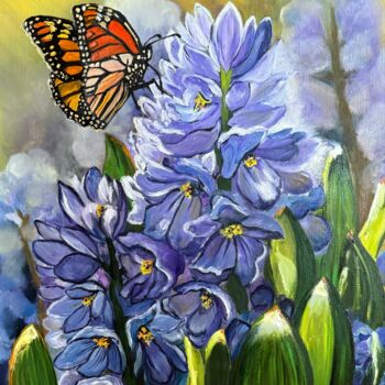 Schilderij getiteld "Butterfly and hyaci…" door Anna Pavlovich-Naneva, Origineel Kunstwerk, Olie Gemonteerd op Frame voor ho…