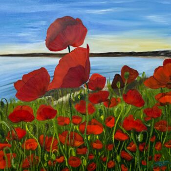 Painting titled "Poppies over the sea" by Anna Pavlovich-Naneva, Original Artwork, Oil Mounted on Wood Stretcher frame
