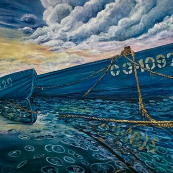 Pintura titulada "Boats , jellyfish i…" por Anna Pavlovich-Naneva, Obra de arte original, Oleo Montado en Bastidor de camill…