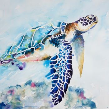 Painting titled "Sea Tutle" by Anna Pawlyszyn, Original Artwork, Watercolor