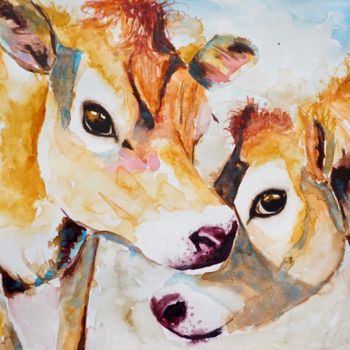 Pittura intitolato "Jersey Cows ‘Lookin…" da Anna Pawlyszyn, Opera d'arte originale, Acquarello